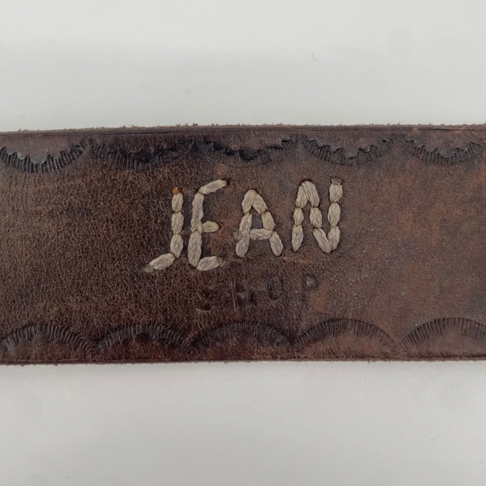 Jean Shop Leather Belt Mens L Brown Brass Buckle Distressed Scalloped Embossed